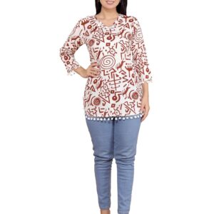 AMAZE CRAFT Geometric Printed Straight 3/4th Sleeves Kurti Perfect for Casual, Formal, and Ethnic Wear (White Maroon)
