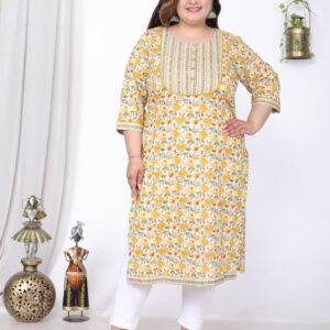 Women Printed Pure Cotton Yellow Plus Size Straight Kurta