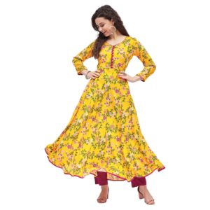 Tissu Women's Rayon Yellow & Rani Floral Printed A-Line Kurta