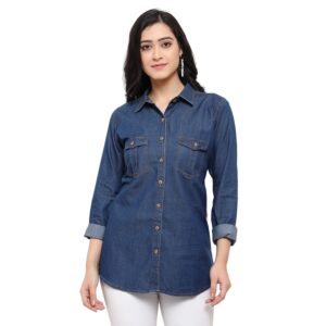 Women Casual Formal officewear Oversized Denim Cotton Long Shirt Tops Dress westrean Tops and Jeans Shirt use in Summer wear for Stylish and Vibrant Look That give You Some treandy Look