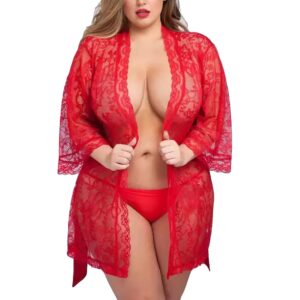 Fihana Women's Net and Lace Solid Above Knee Babydoll Dress | Short Nighty Nightwear | Robe with Panty | Sexy Plus Size, Free Size S to XXL RED