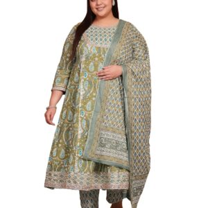 MEERA FAB Plus Size Printed Pure Cotton Anarkali Handwork Kurta with Palazzos & Dupatta