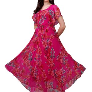 Fashion2wear Women's Georgette Floral Digital Print Short Sleeve Full-Length Fit & Flare Long Gown Dress for Girls (LN-X9TQ-MN1D)