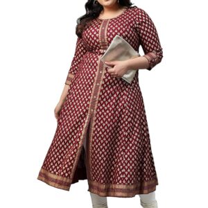 Yash Gallery Women's Rayon Golden Floral Printed A-line Kurta (Green)
