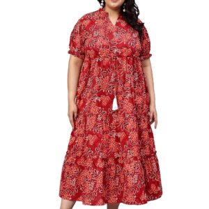 Indietoga Women's Floral Printed Pure Cotton A-Line Tiered Maxi Dress (Plus Sizes 2XL to 7XL)