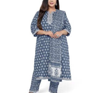 MIRCHI FASHION Plus Size Women's Straight Fit Cotton Printed Kurta Set with Dupatta and Trouser