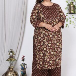 Plus Size Brown Floral Print Pure Cotton Straight Kurta, Dupatta & Pant Set