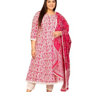 MEERA FAB Plus Size Printed Pure Cotton Anarkali Kurta with Palazzos & Dupatta
