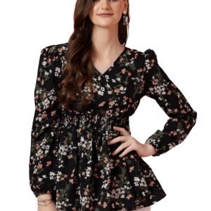 Sheetal Associates Women's Casual Puff Sleeves Floral Print Peplum Top