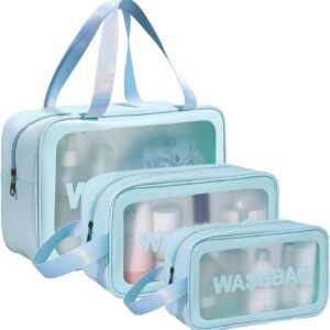 KUKLAR Wash Bag Pouch for Travel Kit Toiletry Bag Cosmetic Bag Make Up Box for Brushes,Accessories with Handle,Large Capacity Translucent Waterproof Travel Storage OrganizerSet of 3(Sky Blue)