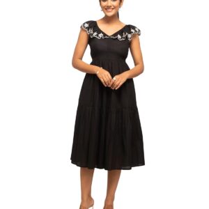 FIORRA Women's Solid Cotton Skater Below The Knee Dress