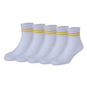 Bizala Long Elastic White Colour with Yellow Stripes Design Calf Length School Cotton Socks for Boys & Girls (Pack of 5 Pairs)