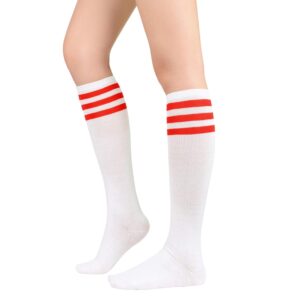 Womens Athletic Knee High Socks Outdoor Sport Thigh High Stockings Casual Stripes Tube Socks, 1 Pack White Red, One Size