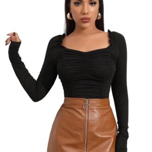 Shasmi Women's & Girl's Full Sleeve, Sweat Hear Neck, Frill Trim Ruched Crop Top for Women, Tops, Slim Fit T-Shirts for Girls (Top 71 Black Small)