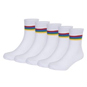 Bizala White with Red, Blue, Green & Yellow Stripes Calf Length School Socks for Boys & Girls (Pack of 5 Pairs)