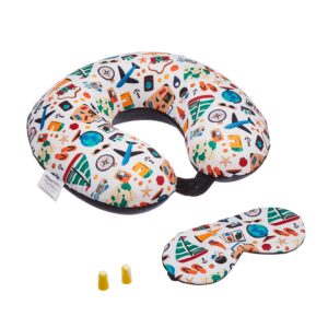 amazon basics 100% Memory Foam Travel Neck Pillow with Eye Mask and Ear Plugs Combo|Ergonomically Designed for Ultimate Comfort, Perfect for Air, Car, Train, Bus Travel-Happy Holidays, Standard Size
