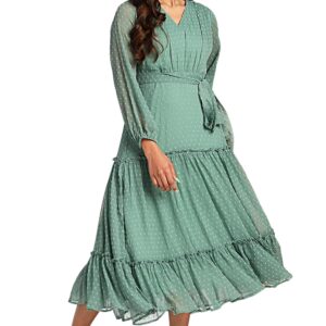 Janasya Women'S Dobby Chiffon Woven Design Tiered Dress