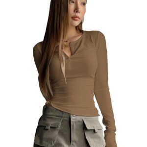 Shasmi Women's & Girl's Long Sleeve Round Neck Solid Color Ruched Workwear Casual Top Half Button Down Henley Regular Fit T-Shirt for Women (Top 128)