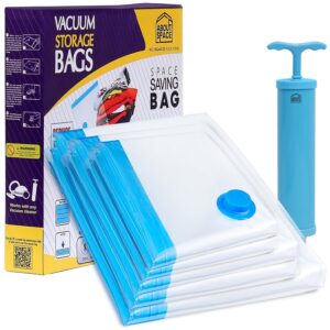 ABOUT SPACE 5 Pack Vacuum Bags for Travel with Hand Pump (1 Large/2 Medium/2 Small) Polyamide Polyethylene Airtight Compression Storage for Packing Vaccine Sealer Bag with Ziplock - Transparent