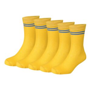 Bizala Yellow Color with Sky Blue Stripes Design Calf Length School Cotton Socks for Boys & Girls (Pack of 5 Pairs)