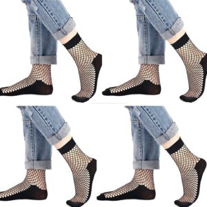 WKLOUYHE Womens Fishnet Socks Short Ankle Sock High Mesh Fishnet Hosiery 4 Pairs_Free Size(Black)
