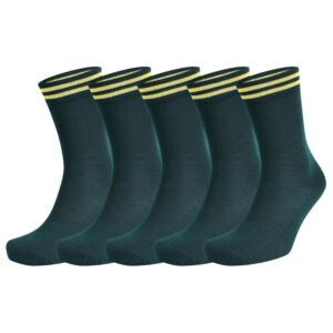 Bizala Cuff Elastic Stripes Bottle Green Colour with Yellow Stripes Design Calf Length School Cotton Socks for Boys & Girls (Pack of 5 Pairs)